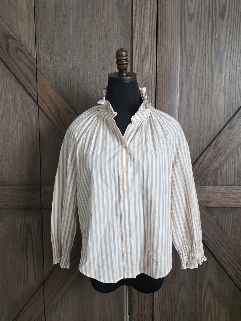Veronica Beard Cream & Tan Striped Ruffle Collar Blouse